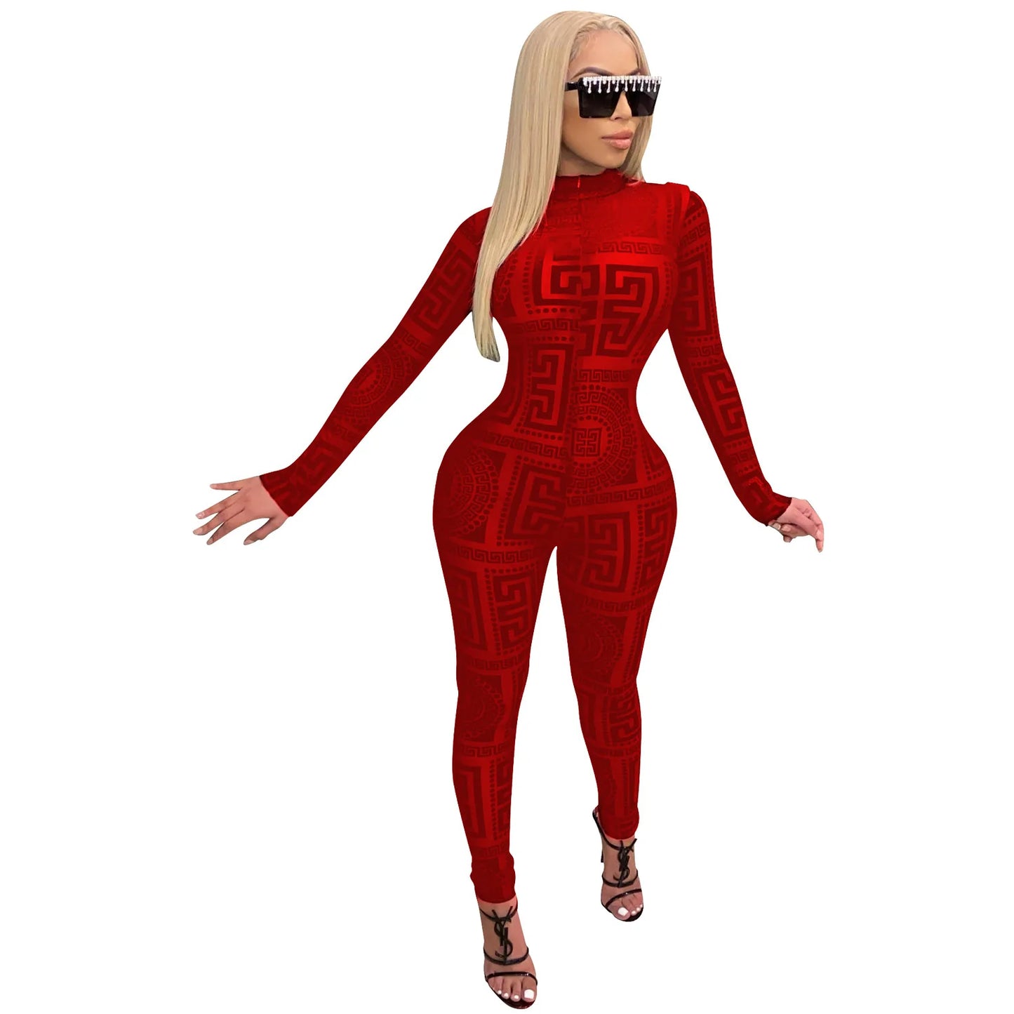 Echoine Autumn Sexy Transparent mesh print club party bodysuit rompers long Sleeve Women High Waist Skinny Pencil Jumpsuits