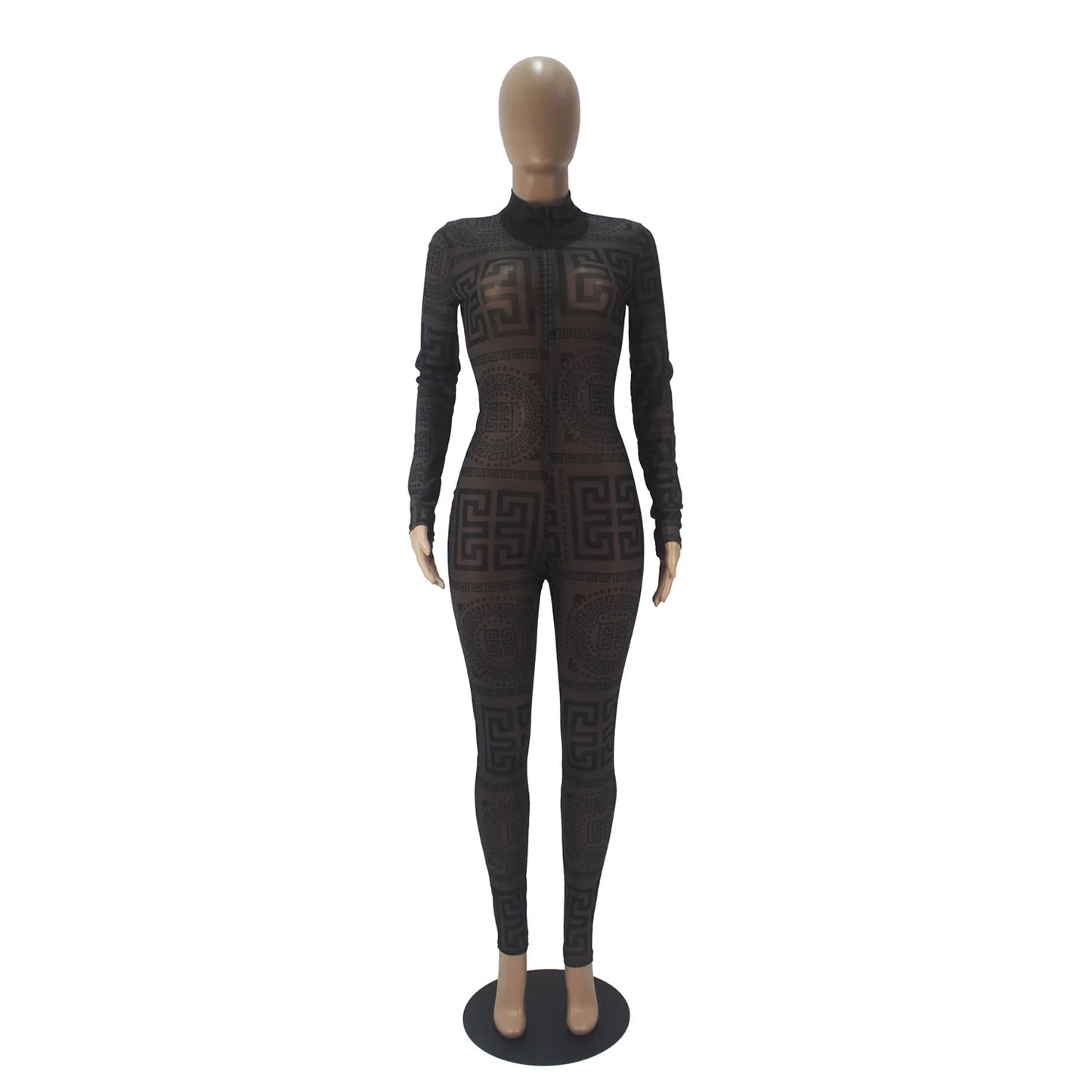 Echoine Autumn Sexy Transparent mesh print club party bodysuit rompers long Sleeve Women High Waist Skinny Pencil Jumpsuits