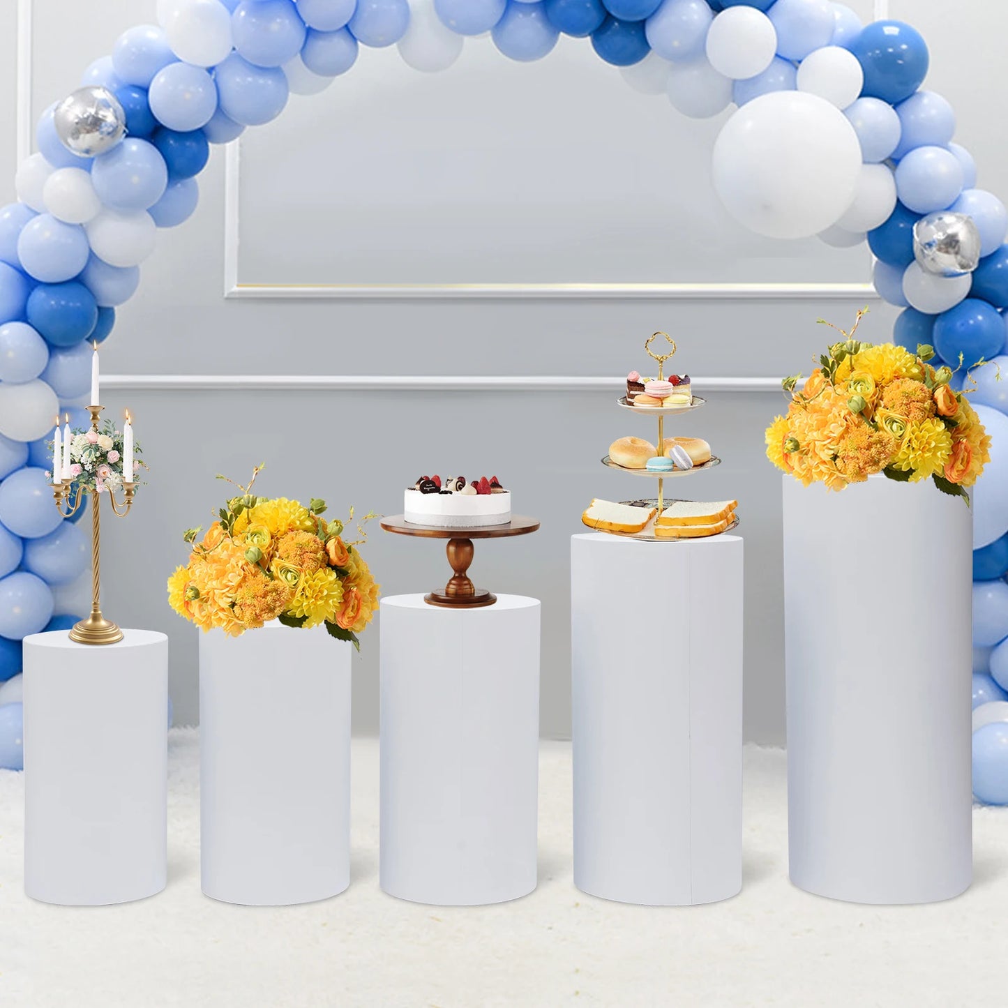 5Pcs Round Cylinder Pedestal Stand Freestanding Metal Cylinder Pedestal Wedding Birthday Party Cake Flower Display Pillars White