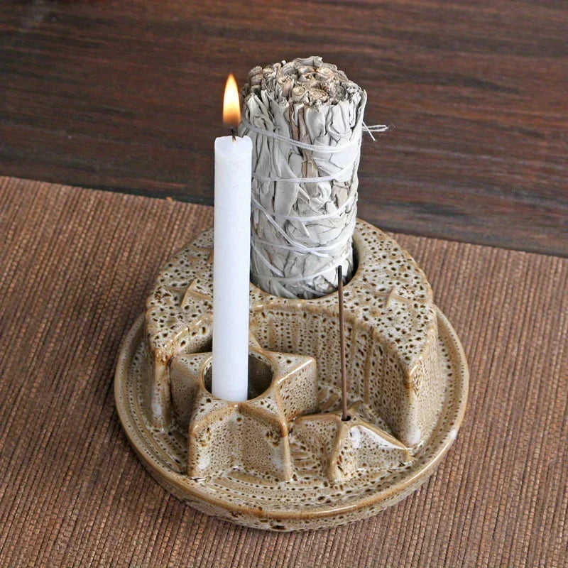 4-In-1 Ceramic Candle & Incense Holder Morandi Color with Cute Stars and Moon Design Perfect for Sage Palo Santo Stick Incense