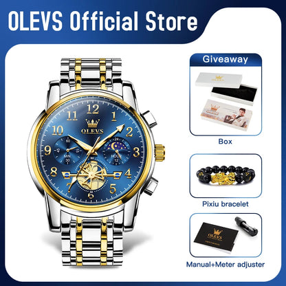 OLEVS brand2900 Men's Watches Stainless Steel Calendar Moon phase Watch Chronograph Big Dial Men's Wristwatches Original