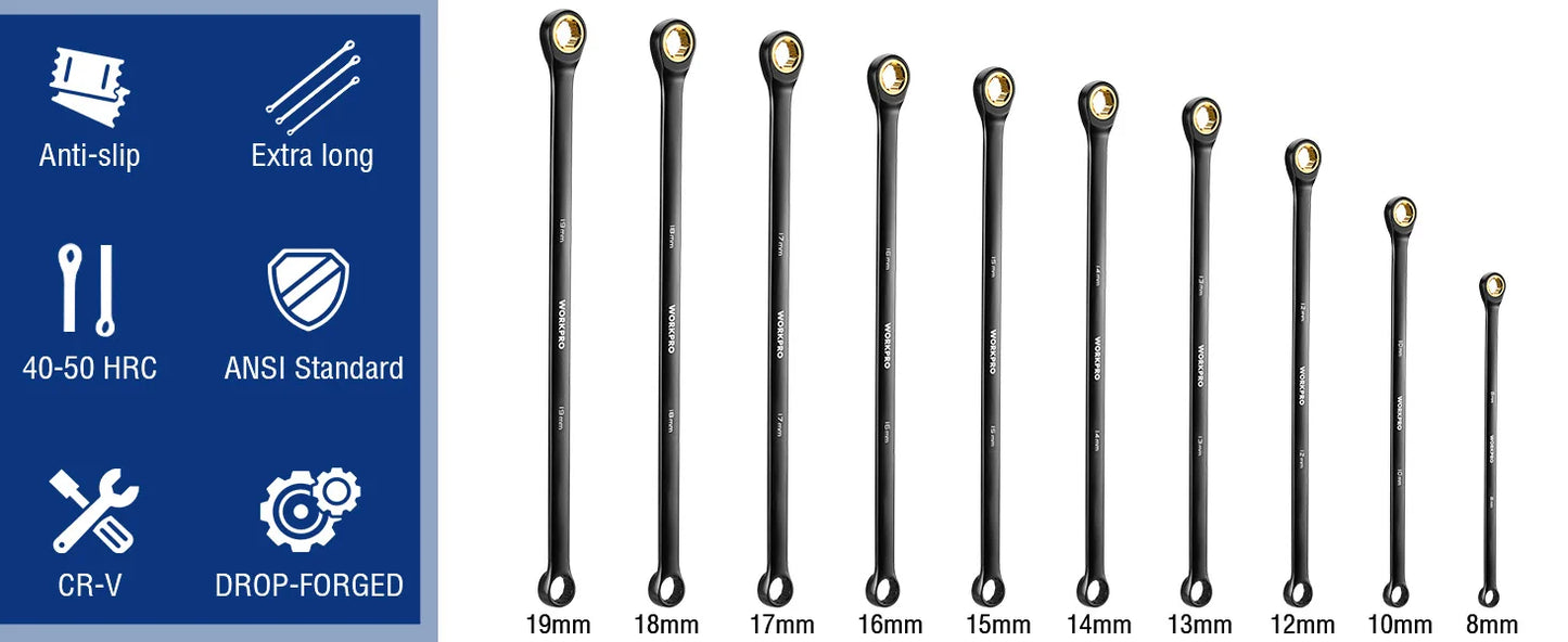 WORKPRO Extra Long Ratcheting Wrench Set 10PC Anti-Slip Double Box Wrenches Set Metric 8-19 mm 72-Teeth Cr-V Steel