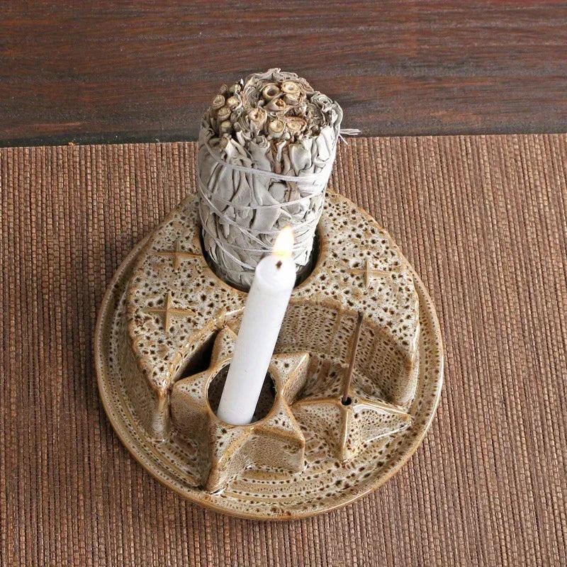 4-In-1 Ceramic Candle & Incense Holder Morandi Color with Cute Stars and Moon Design Perfect for Sage Palo Santo Stick Incense