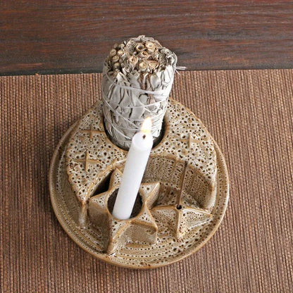 4-In-1 Ceramic Candle & Incense Holder Morandi Color with Cute Stars and Moon Design Perfect for Sage Palo Santo Stick Incense