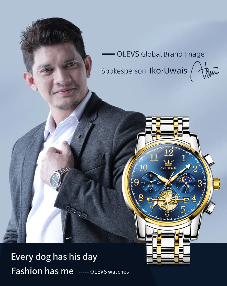 OLEVS brand2900 Men's Watches Stainless Steel Calendar Moon phase Watch Chronograph Big Dial Men's Wristwatches Original