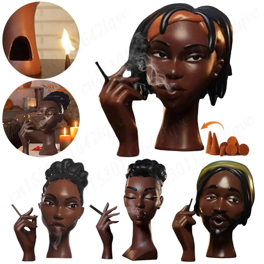 Headscents-Head Incense Burner Black Women Face Incense Holder Handmade Incense Stick Holder Statue for Home Bedroom Office