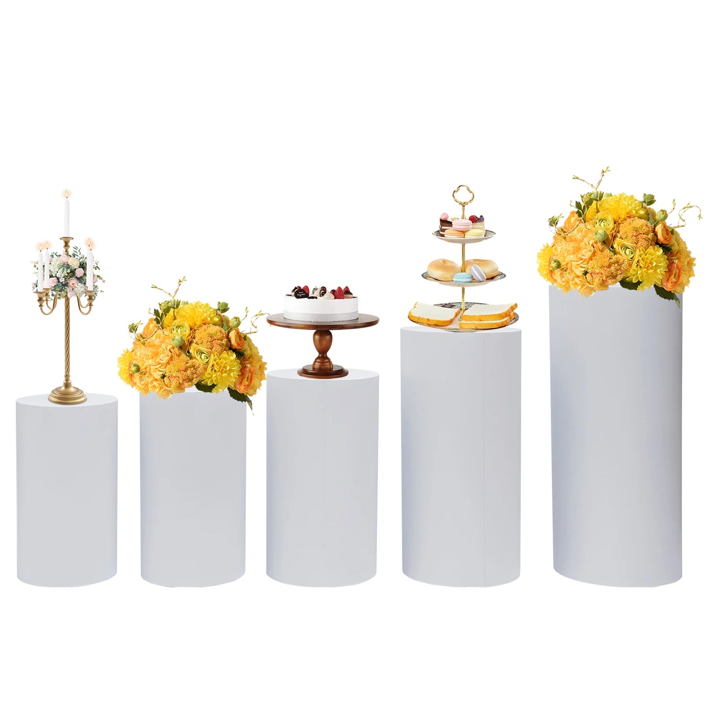 5Pcs Round Cylinder Pedestal Stand Freestanding Metal Cylinder Pedestal Wedding Birthday Party Cake Flower Display Pillars White