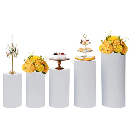 5Pcs Round Cylinder Pedestal Stand Freestanding Metal Cylinder Pedestal Wedding Birthday Party Cake Flower Display Pillars White