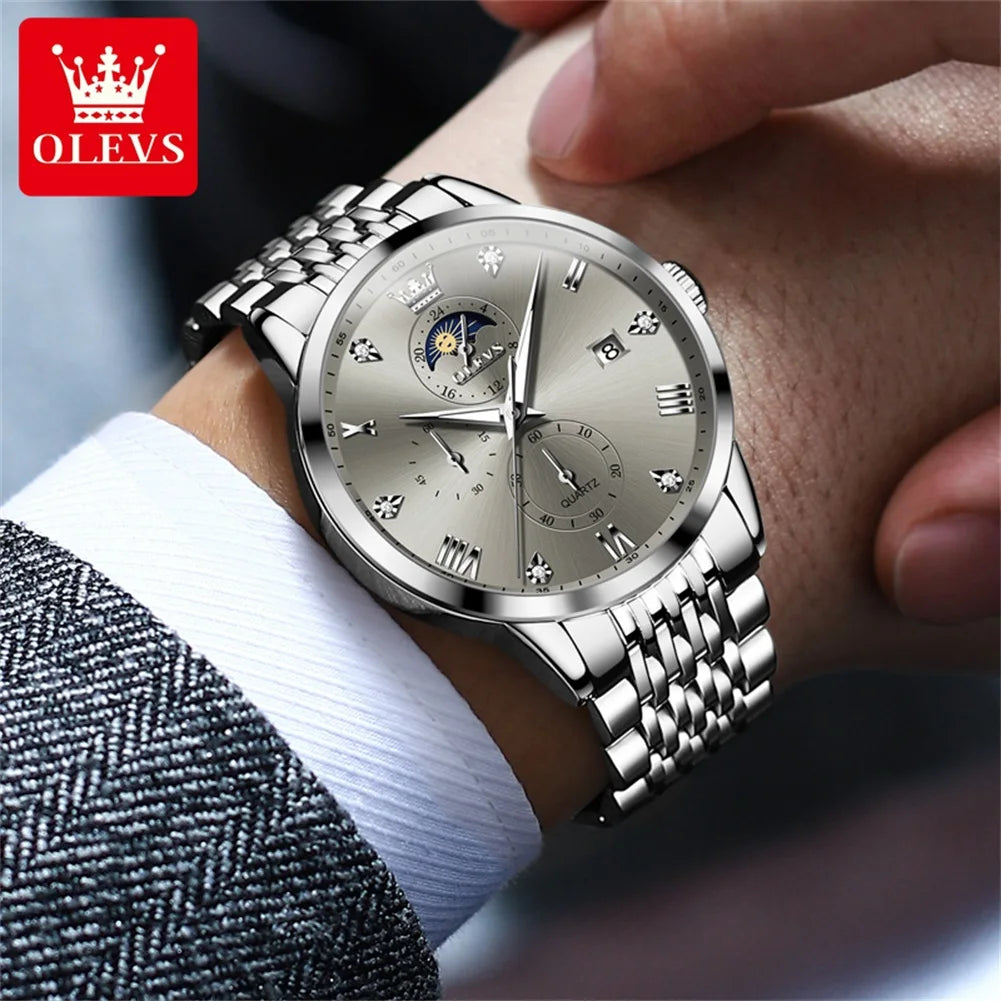 OLEVS Top Brand Men's Watches Business Fashion Original Quartz Watch for Man Grey Dial Moon Phase Date Chronograph Waterproof