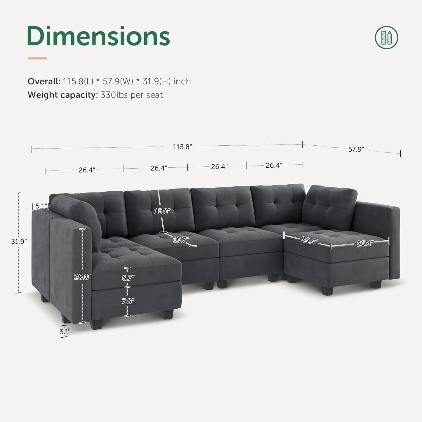 Modular Sectional Sofa Velvet U Shaped Couch with Reversible Chaises 6 Seater Sectional Sofa with Storage Seat Bluish Grey