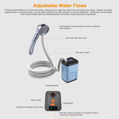 Portable Camping Shower Outdoor Electric Shower Pump Rechargeable Battery Powered Shower Waterproof Support 3 Water Modes