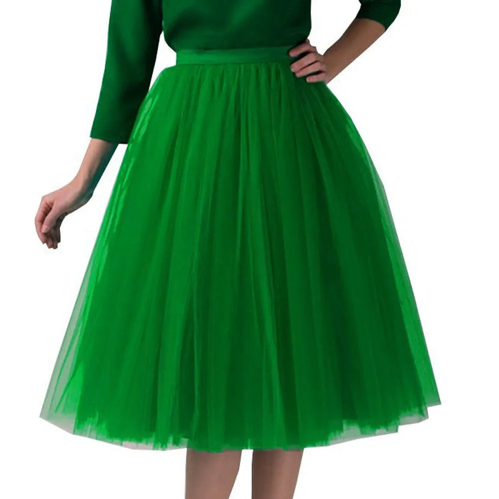 Elegant Women Tulle Skirt Korean Fashion Mesh Womens Pleated Knee Length Skirt Adult Tutu Dancing Skirt Green Party Faldas