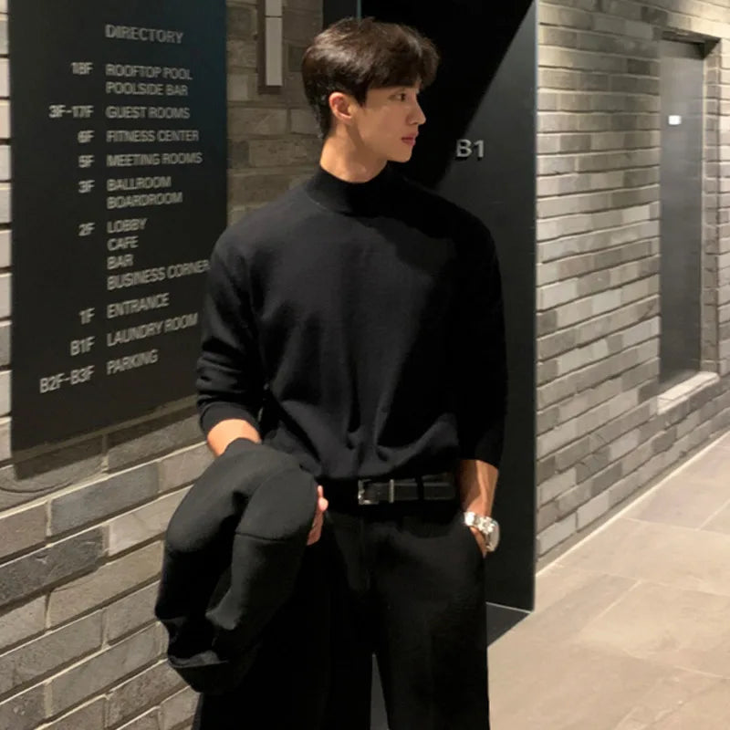 IEFB Kinttwear Korean Men's Pullover Loose Lightweight Tops 2023 New Long Sleeve Mock Neck Black Autumn Bottom Clothing 9D1680