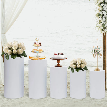 5Pcs Round Cylinder Pedestal Stand Freestanding Metal Cylinder Pedestal Wedding Birthday Party Cake Flower Display Pillars White