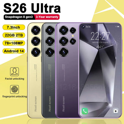 Original S26 Ultra Smartphone 5G 7.3inch HD 22G+2TB Cell Phone Dual SIM Mobile Phones 78+108MP 7800mAh Android 14 Unlocked NFC