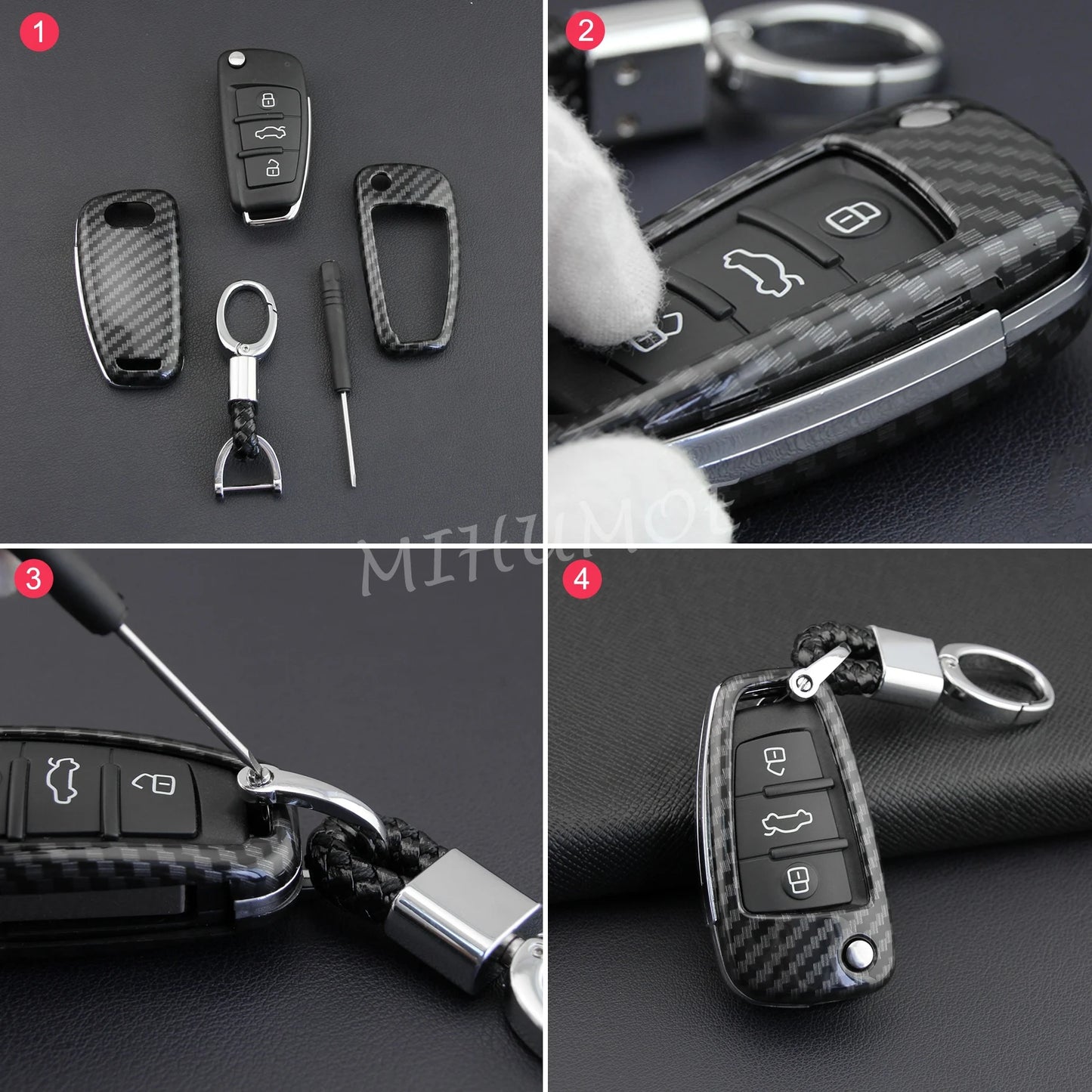 For Audi A1 A3 S3 Q3 Q7 TT Carbon Fiber Car Flip Key Fob Holder Keychain Case Protect Cover Accessories