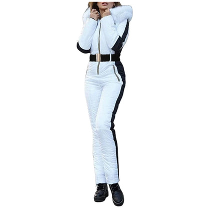 One-Piece Ski Suit Women Warm Waterproof Snow Jumpsuit Outdoor Sports Windproof Zipper Hooded Snowboard Clothes With Fur Collar