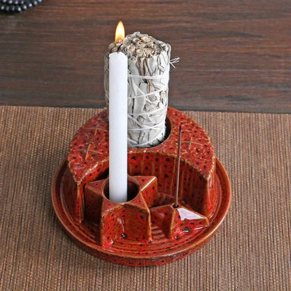 4-In-1 Ceramic Candle & Incense Holder Morandi Color with Cute Stars and Moon Design Perfect for Sage Palo Santo Stick Incense