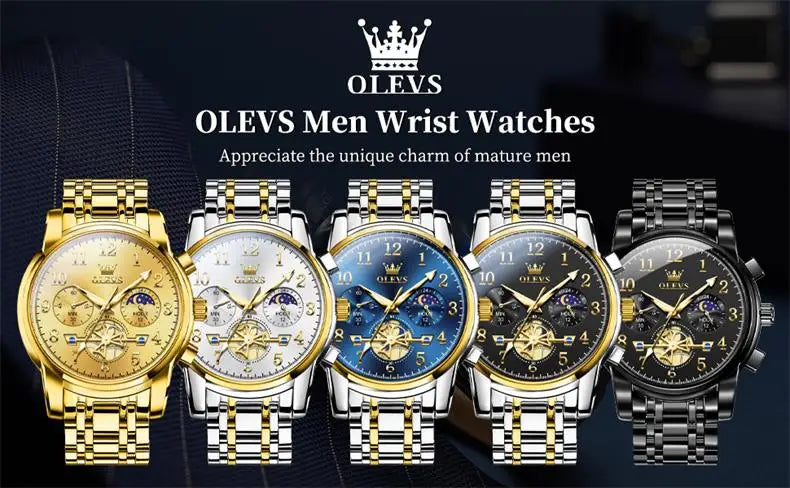 OLEVS brand2900 Men's Watches Stainless Steel Calendar Moon phase Watch Chronograph Big Dial Men's Wristwatches Original