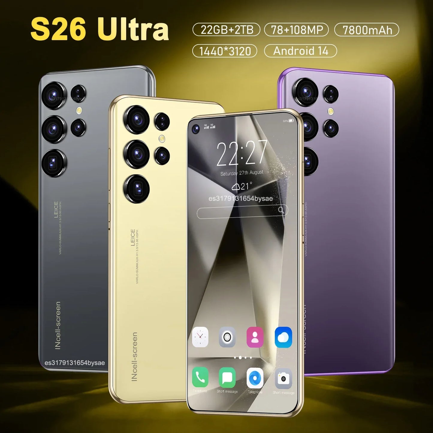 Original S26 Ultra Smartphone 5G 7.3inch HD 22G+2TB Cell Phone Dual SIM Mobile Phones 78+108MP 7800mAh Android 14 Unlocked NFC