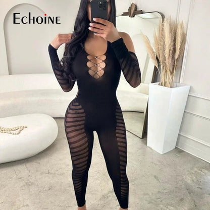 Echoine Womens Sexy Halter neck Hollow backless long sleeve Bodycon Jumpsuit 2023 Fashion Party Club Playsuits Pants Rompers