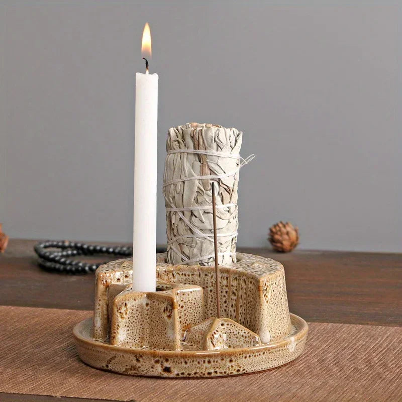 4-In-1 Ceramic Candle & Incense Holder Morandi Color with Cute Stars and Moon Design Perfect for Sage Palo Santo Stick Incense