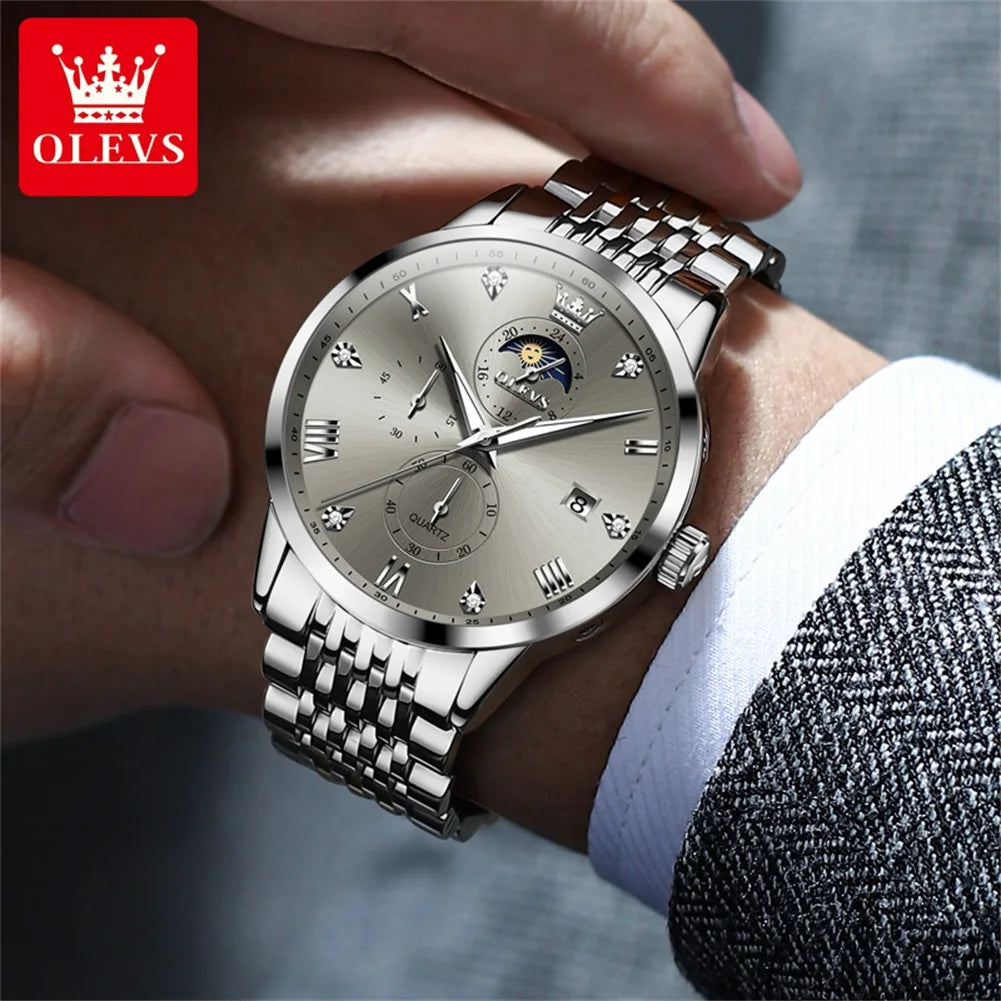 OLEVS Top Brand Men's Watches Business Fashion Original Quartz Watch for Man Grey Dial Moon Phase Date Chronograph Waterproof