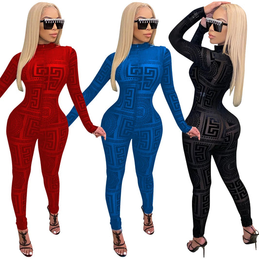 Echoine Autumn Sexy Transparent mesh print club party bodysuit rompers long Sleeve Women High Waist Skinny Pencil Jumpsuits