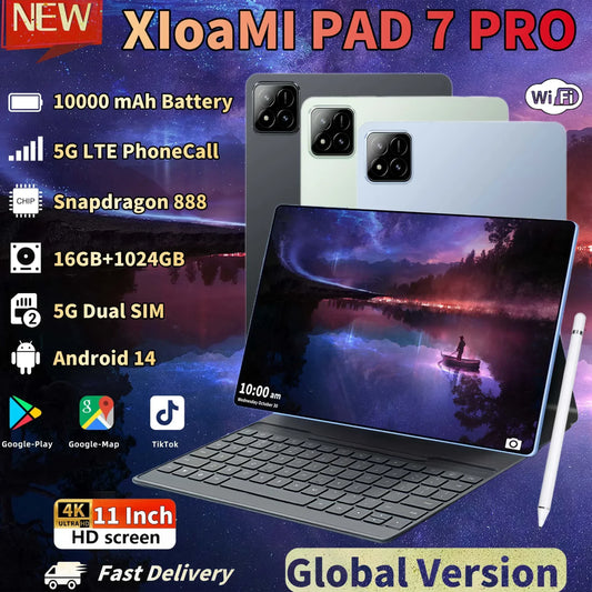 2024 New Product XioaMI Global Version PAD 7 Pro Android 14 Tablet 16GB+1T 11inch HD 4K 10000mAh 5G Dual SIM GPS WiFi Tablets PC