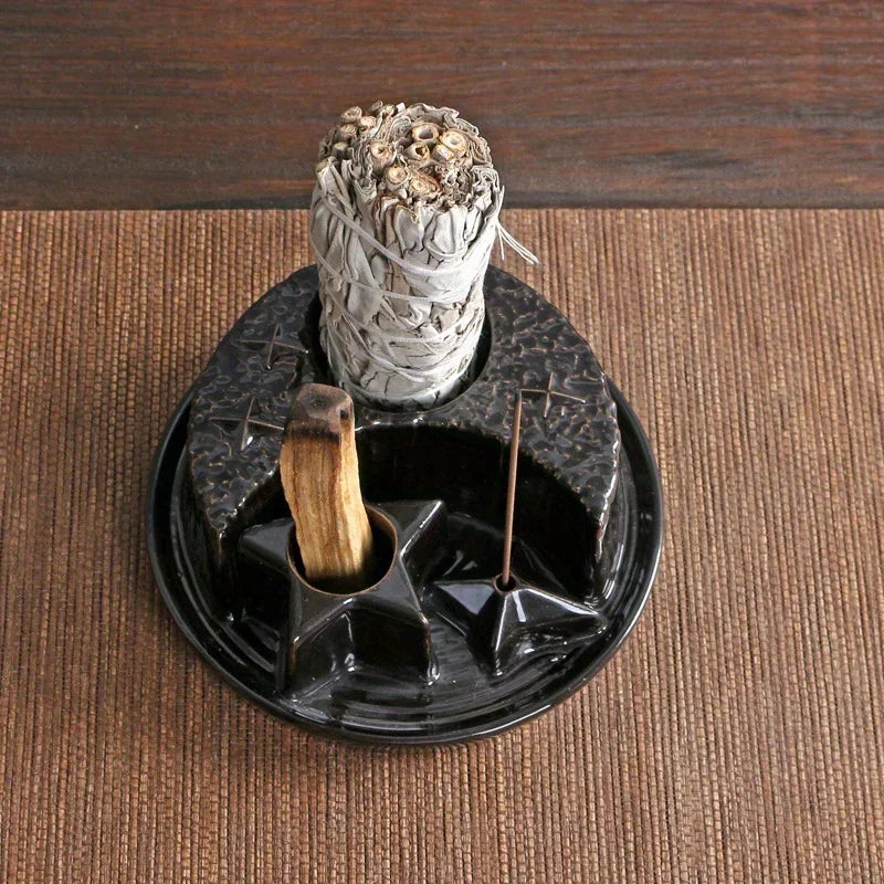 4-In-1 Ceramic Candle & Incense Holder Morandi Color with Cute Stars and Moon Design Perfect for Sage Palo Santo Stick Incense