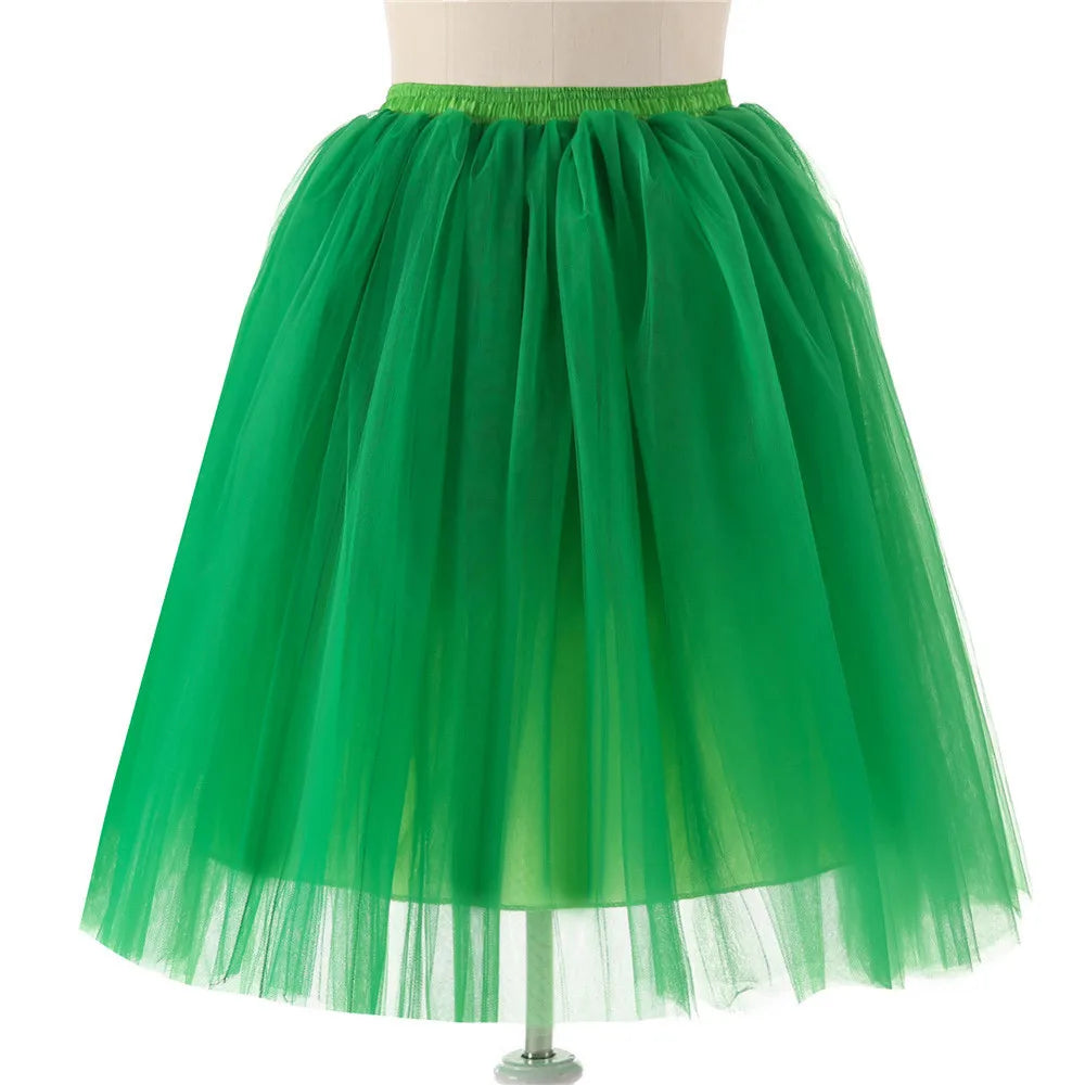 Elegant Women Tulle Skirt Korean Fashion Mesh Womens Pleated Knee Length Skirt Adult Tutu Dancing Skirt Green Party Faldas