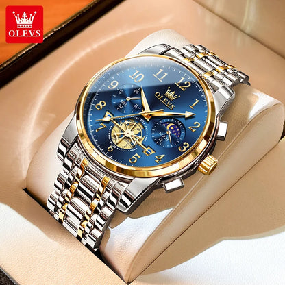 OLEVS brand2900 Men's Watches Stainless Steel Calendar Moon phase Watch Chronograph Big Dial Men's Wristwatches Original