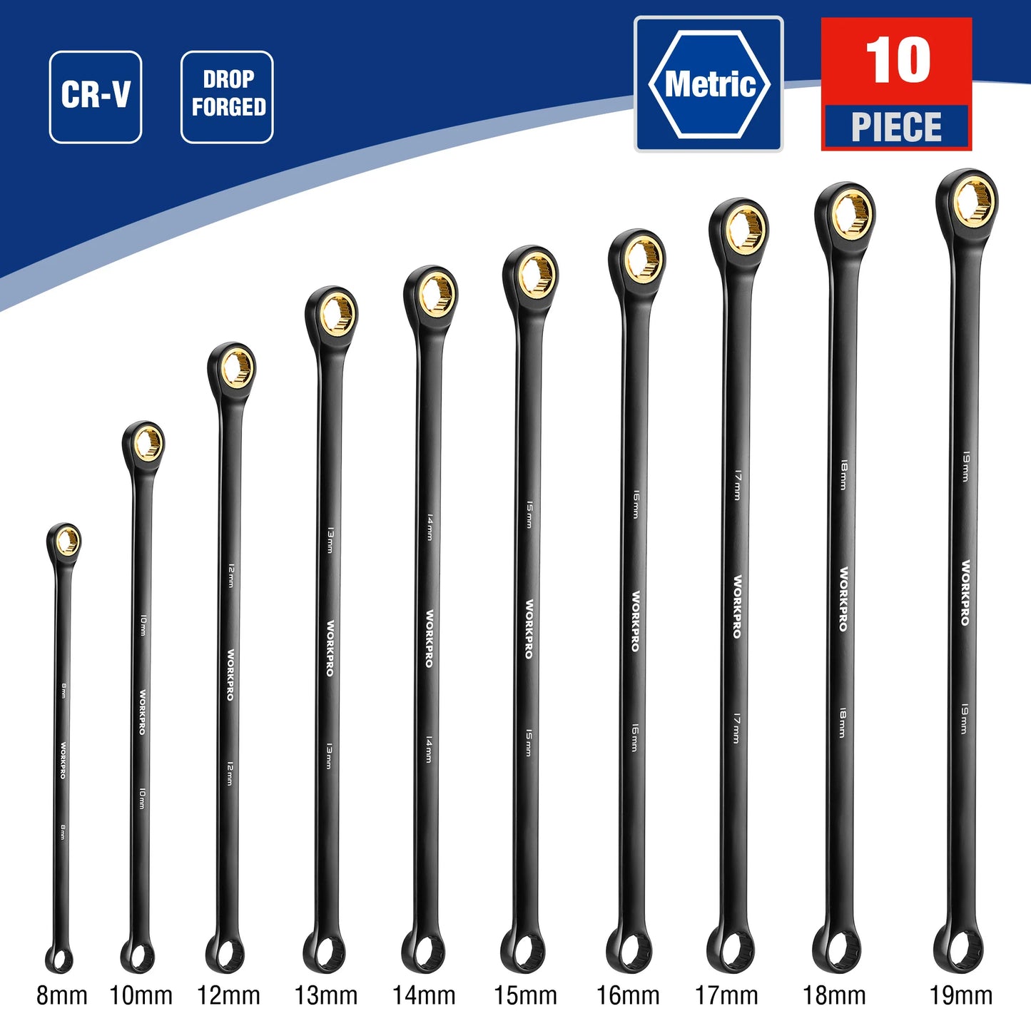 WORKPRO Extra Long Ratcheting Wrench Set 10PC Anti-Slip Double Box Wrenches Set Metric 8-19 mm 72-Teeth Cr-V Steel