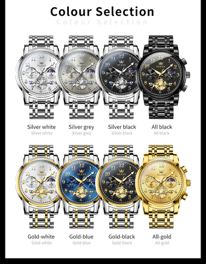 OLEVS brand2900 Men's Watches Stainless Steel Calendar Moon phase Watch Chronograph Big Dial Men's Wristwatches Original