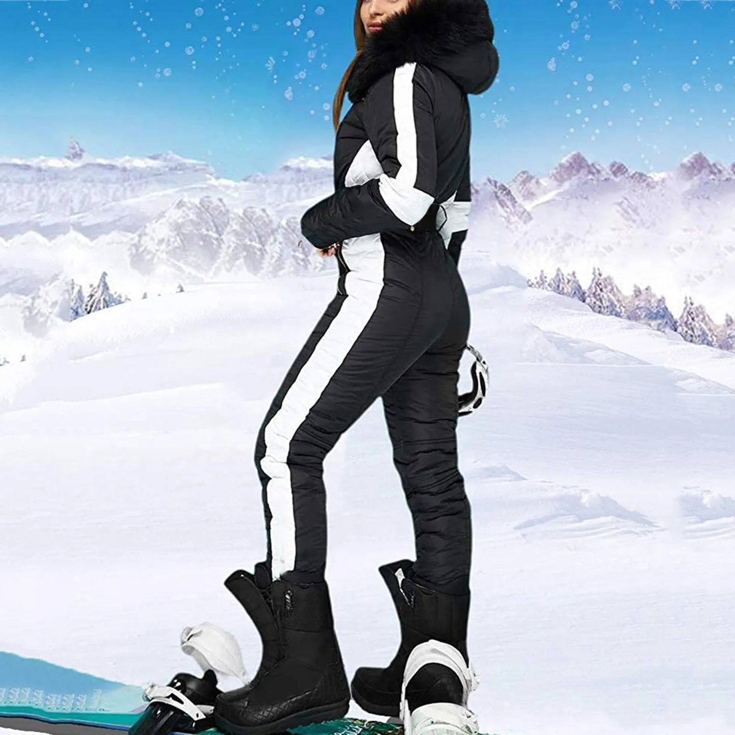 One-Piece Ski Suit Women Warm Waterproof Snow Jumpsuit Outdoor Sports Windproof Zipper Hooded Snowboard Clothes With Fur Collar