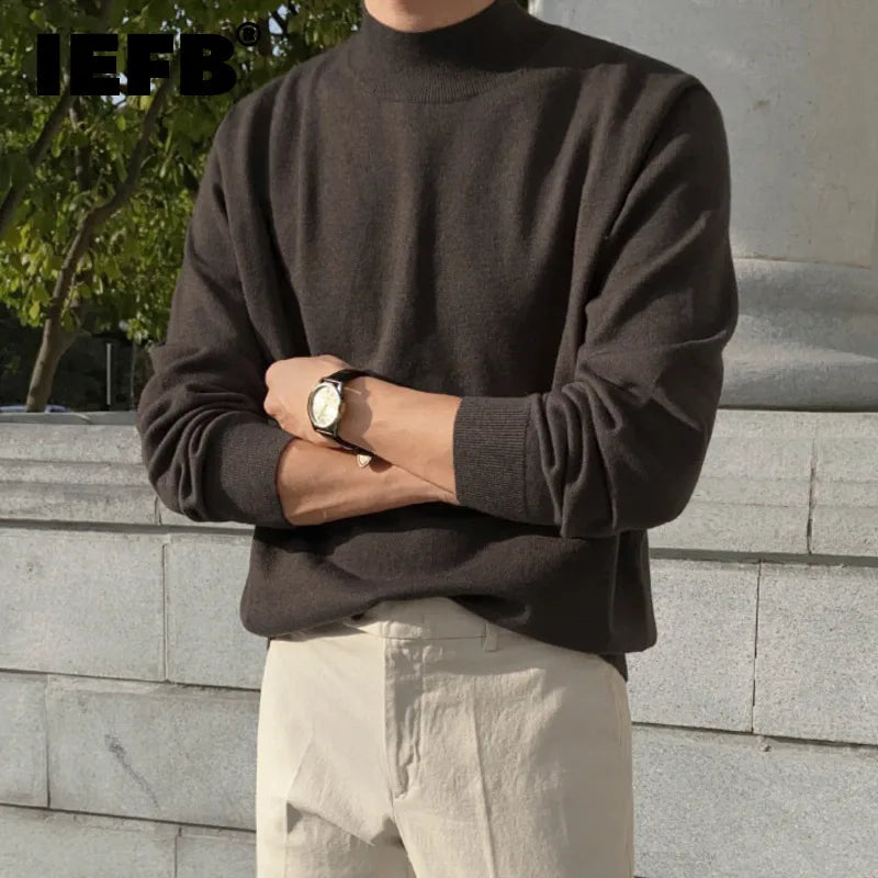 IEFB Kinttwear Korean Men's Pullover Loose Lightweight Tops 2023 New Long Sleeve Mock Neck Black Autumn Bottom Clothing 9D1680