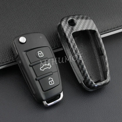 For Audi A1 A3 S3 Q3 Q7 TT Carbon Fiber Car Flip Key Fob Holder Keychain Case Protect Cover Accessories