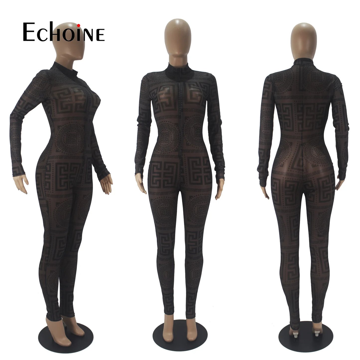 Echoine Autumn Sexy Transparent mesh print club party bodysuit rompers long Sleeve Women High Waist Skinny Pencil Jumpsuits