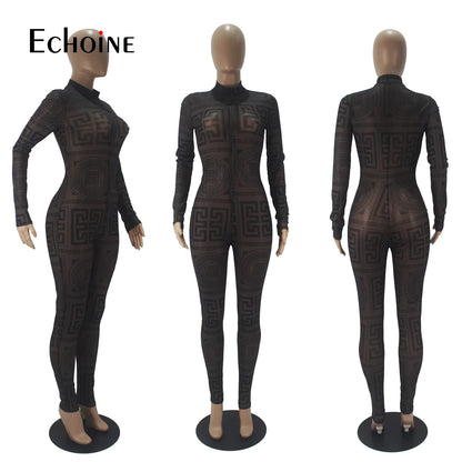 Echoine Autumn Sexy Transparent mesh print club party bodysuit rompers long Sleeve Women High Waist Skinny Pencil Jumpsuits