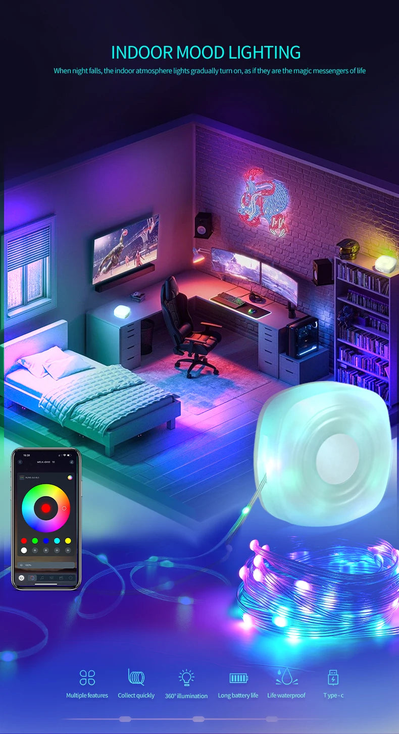 GGbingo LED Strip Light RGB Smart APP Waterproof USB Rechargeable Room Christmas Decoration Portable Camping Atmosphere Lights