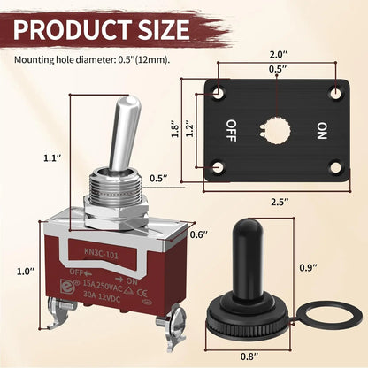 DaierTek Heavy Duty Toggle Switch 12V DC 30A Waterproof Toggle Switch 2 Pin ON/Off SPST with Mounting Panel Weatherproof Cap