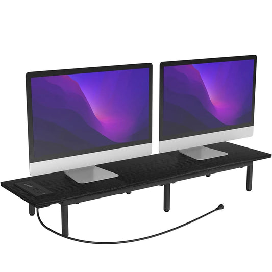 Monitor Stand for 2 Monitors Long Monitor Riser with USB Ports Wood Desktop Computer Riser Monitor Shelf Holder Stand