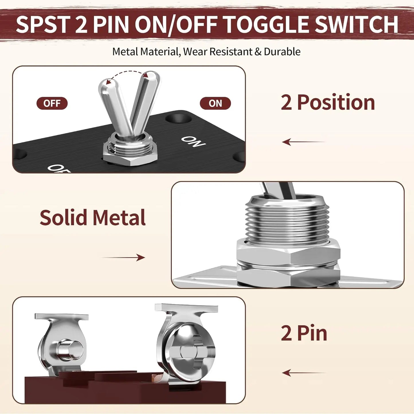 DaierTek Heavy Duty Toggle Switch 12V DC 30A Waterproof Toggle Switch 2 Pin ON/Off SPST with Mounting Panel Weatherproof Cap