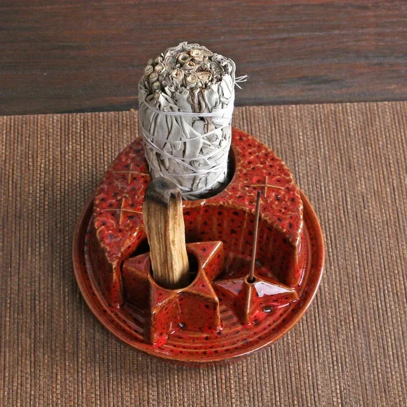 4-In-1 Ceramic Candle & Incense Holder Morandi Color with Cute Stars and Moon Design Perfect for Sage Palo Santo Stick Incense