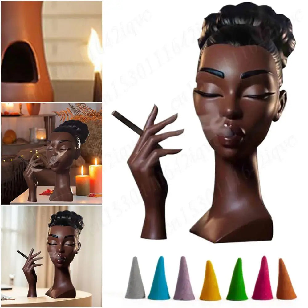 Headscents-Head Incense Burner Black Women Face Incense Holder Handmade Incense Stick Holder Statue for Home Bedroom Office