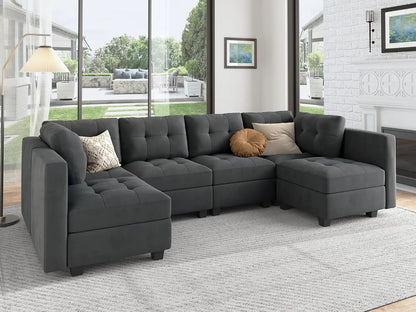 Modular Sectional Sofa Velvet U Shaped Couch with Reversible Chaises 6 Seater Sectional Sofa with Storage Seat Bluish Grey