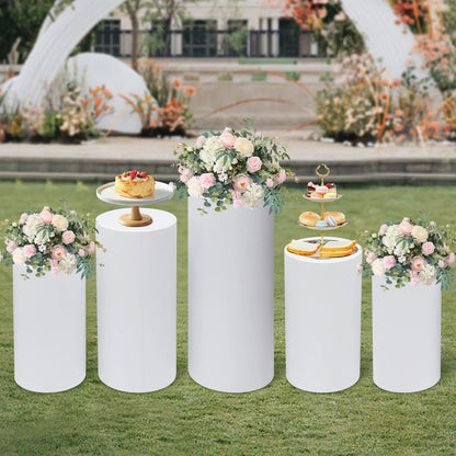 5Pcs Round Cylinder Pedestal Stand Freestanding Metal Cylinder Pedestal Wedding Birthday Party Cake Flower Display Pillars White