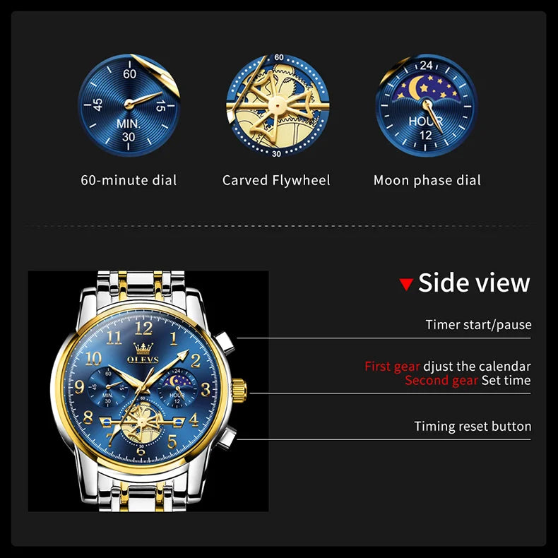 OLEVS brand2900 Men's Watches Stainless Steel Calendar Moon phase Watch Chronograph Big Dial Men's Wristwatches Original