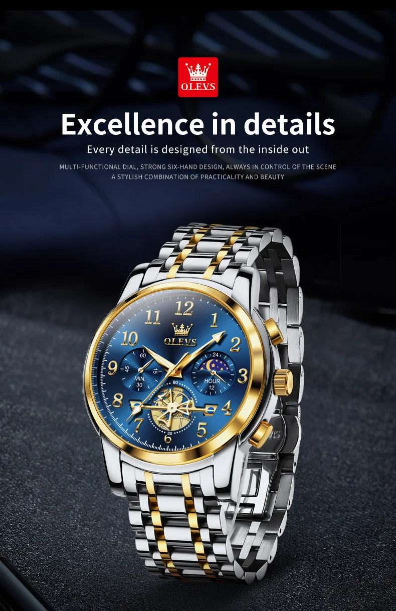 OLEVS brand2900 Men's Watches Stainless Steel Calendar Moon phase Watch Chronograph Big Dial Men's Wristwatches Original