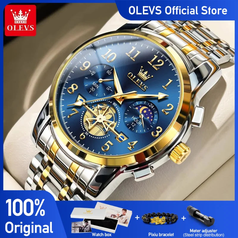 OLEVS brand2900 Men's Watches Stainless Steel Calendar Moon phase Watch Chronograph Big Dial Men's Wristwatches Original